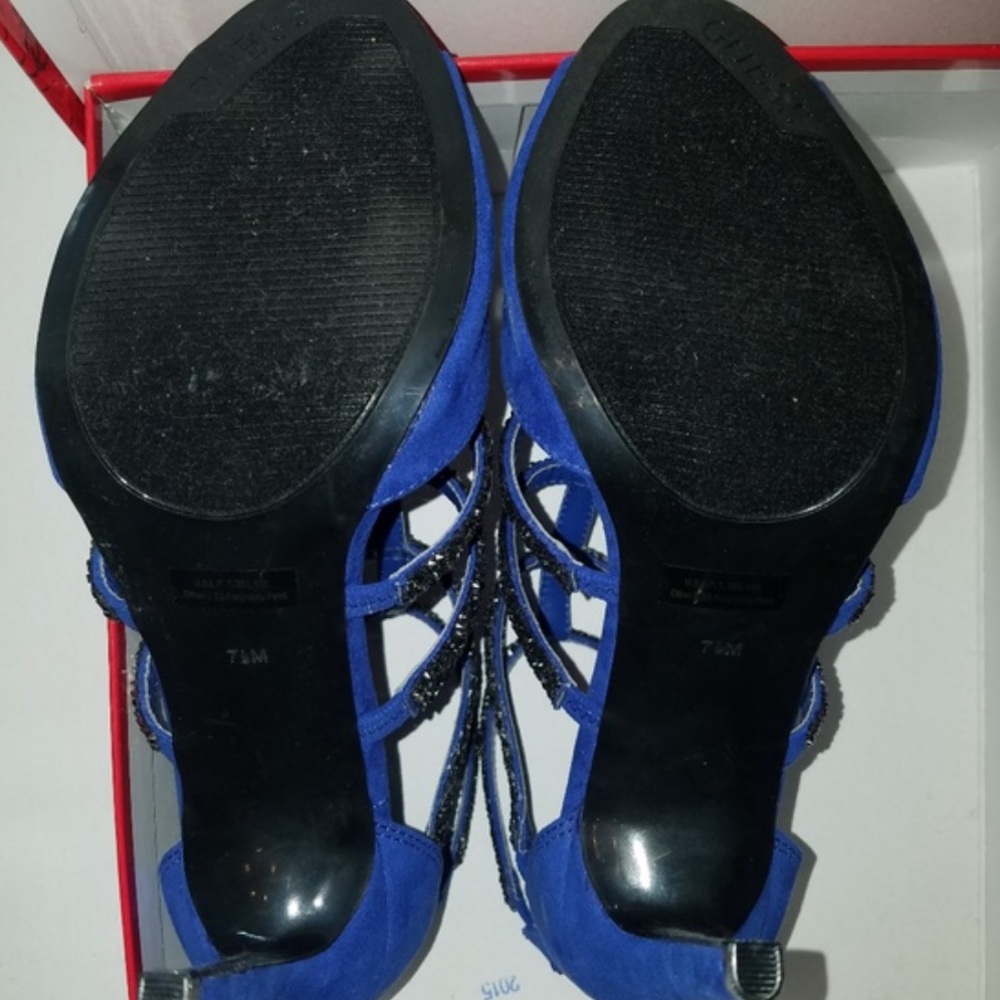 New Guess Sparkly Cobalt Open Toe Strappy Heels - image 7